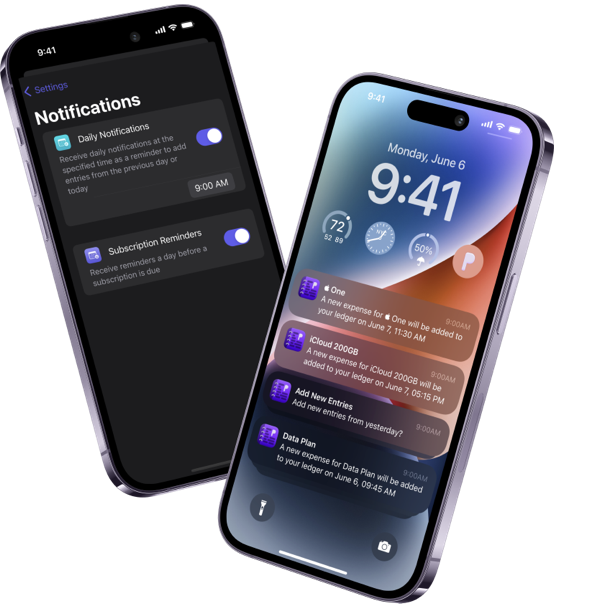 From left-to-right: Pockity's user interface for scheduling reminders, and notifications for recurring expenses on the iOS homescreen.