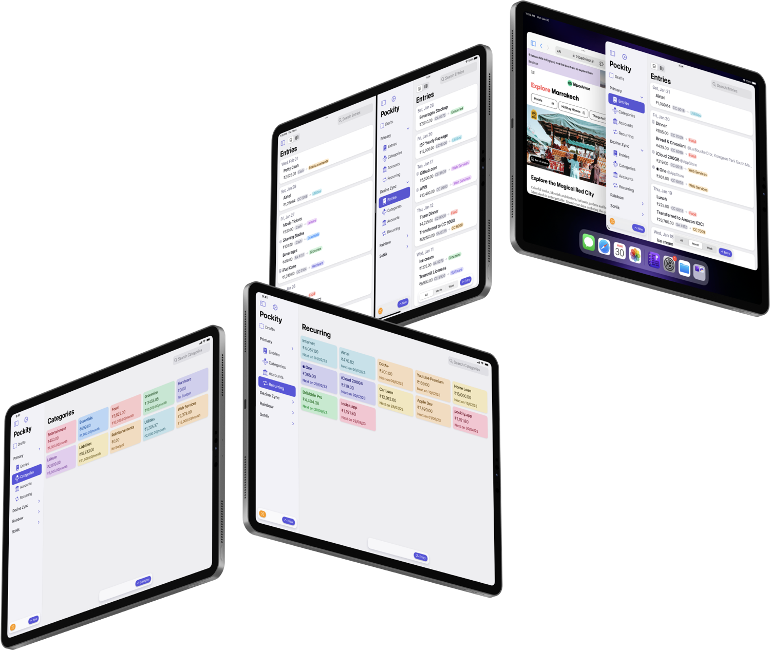 Pockity's User Interface design displayed in a three by two grid of iPad Pros in portrait and landscape orientations. From top-left: Recurring, Entries, Categories, Table view, Split View mode and Category entries view.