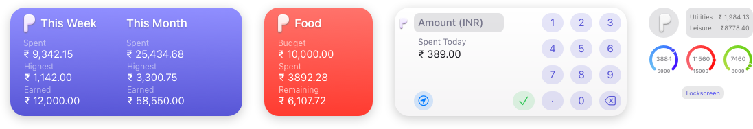 Pockity's widgets: Weekly and Monthly statistics, Category statistics, Entry widget, and Lockscreen widgets