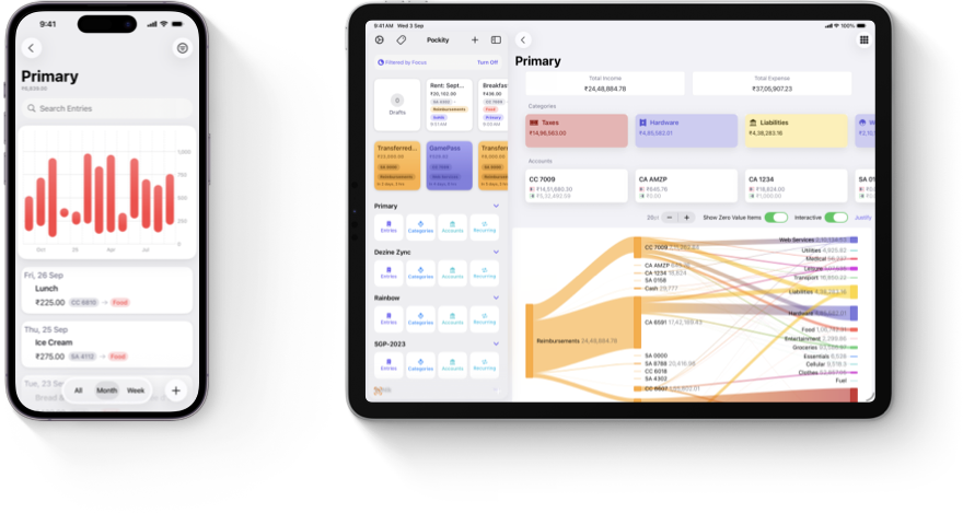 iPhone 16 Pro showing the Food category's expenses as well its trends graph, and an iPad Pro 12.9in showing a sankey chart of expense and income breakdowns over this present year.
