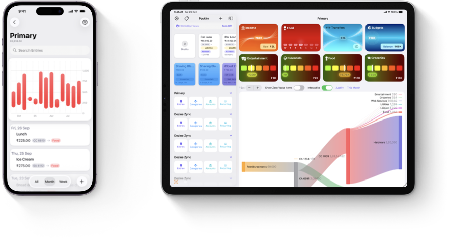 iPhone 16 Pro showing the Food category's expenses as well its trends graph, and an iPad Pro 12.9in showing a sankey chart of expense and income breakdowns over this present year.