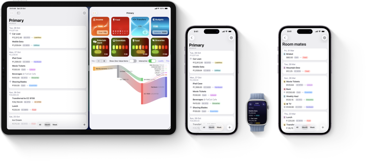 Pockity's ledger timeline displayed on an iPad Pro 12.9 inches and iPhone 16 Pro, watchOS interface, and a shared ledger timeline on iPhone 16 Pro
