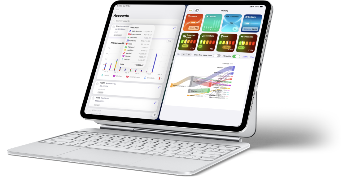 Pockity's account section on iPads can display larger data ranges for deep dives in account spendings, broken down by category.