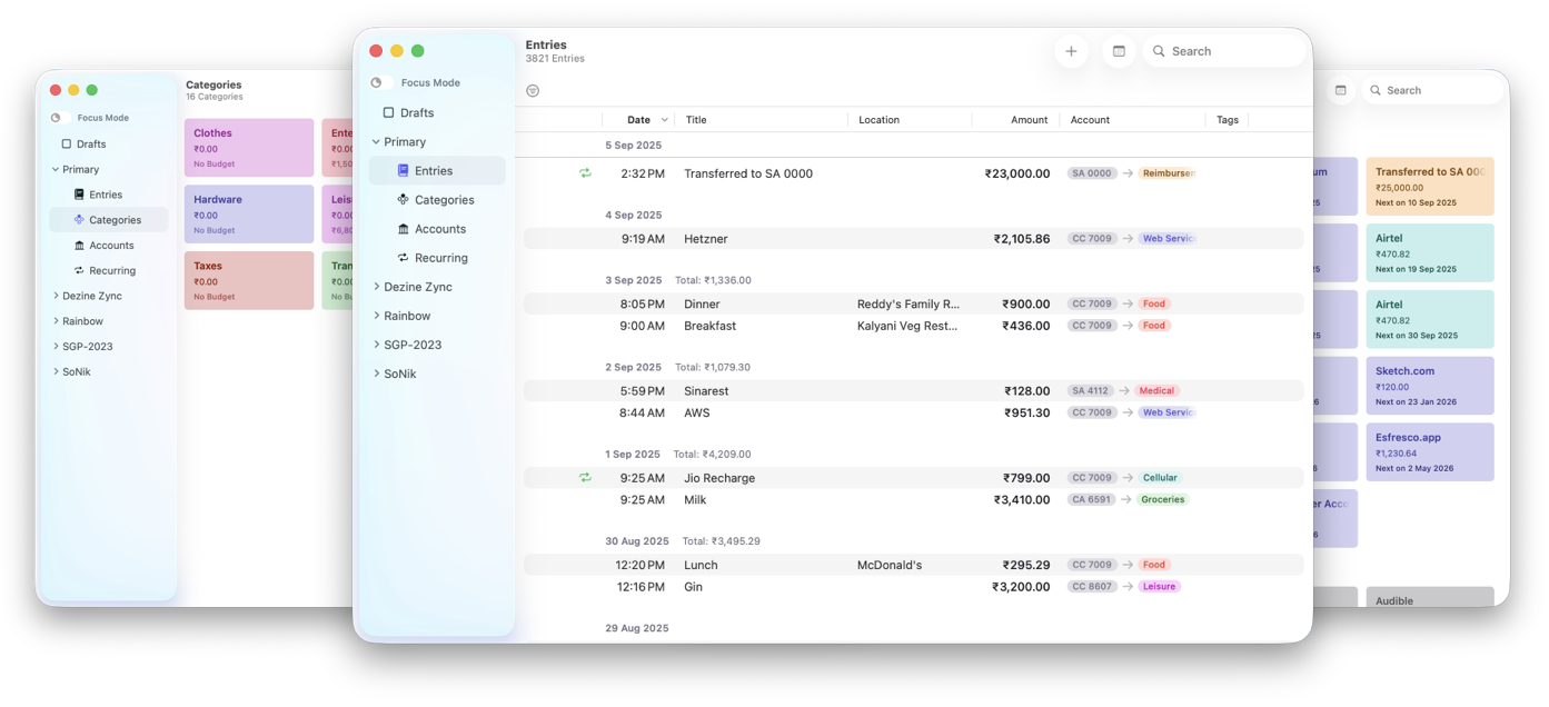 Left to right: Pockity's categories grid, a relaxed timeline of expenses, incomes, and transfers, and lastly a grid of recurring items