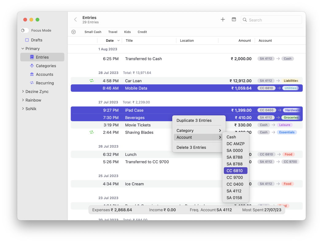 Pockity for macOS\’ UI showing the bulk editing menu options for changing the account on three entries.