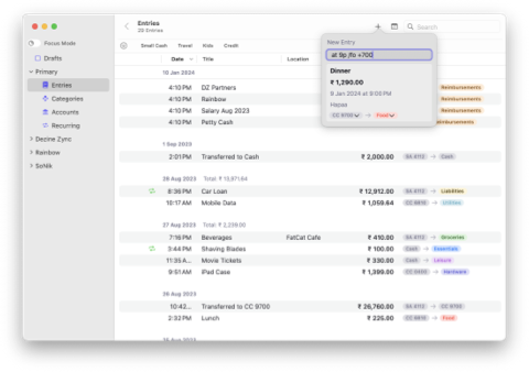 Pockity for macOS’ interface for creating new expense entry showcasing the new Natural Language input field