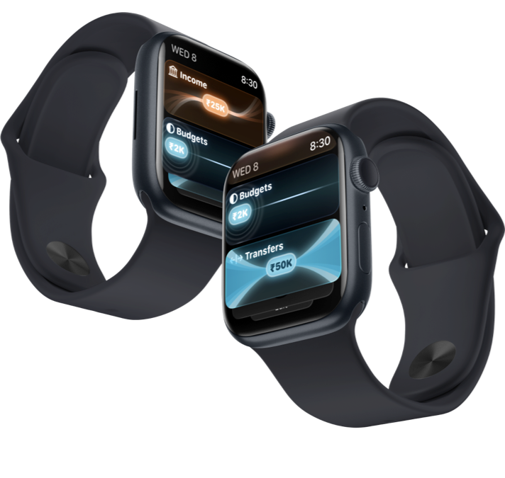 Left: an apple watch showing the income and budgets complications. Right: an apple watch showing the budgets and transfers complications.