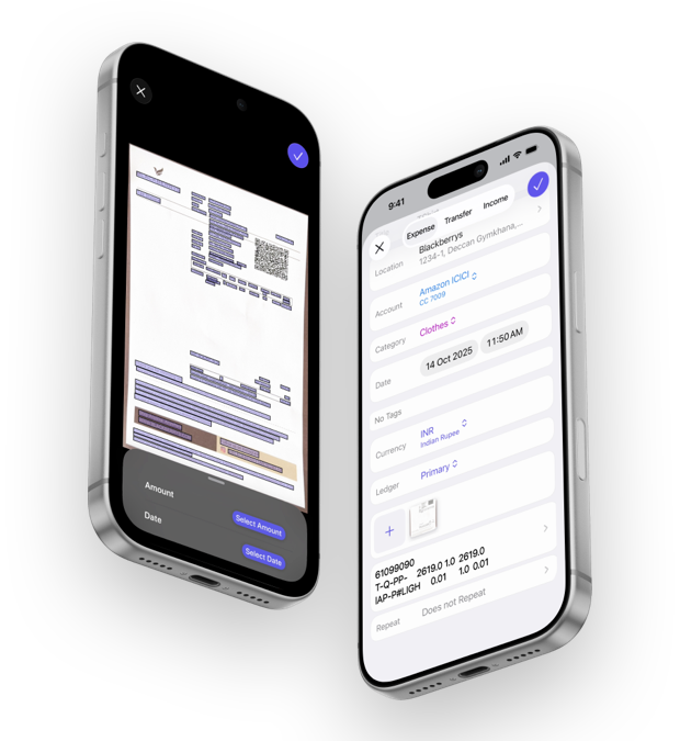 Left: receipt parsing in-progress with the app's user-interface displaying detected lines in the receipt. Right: Successful receipt parsing with additonal information and metadata stored in the entry's notes