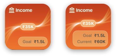 Two states of the income widget: standard, and expanded. The standard state shows the income goal, while the expanded state shows the total income this month as well as the goal.